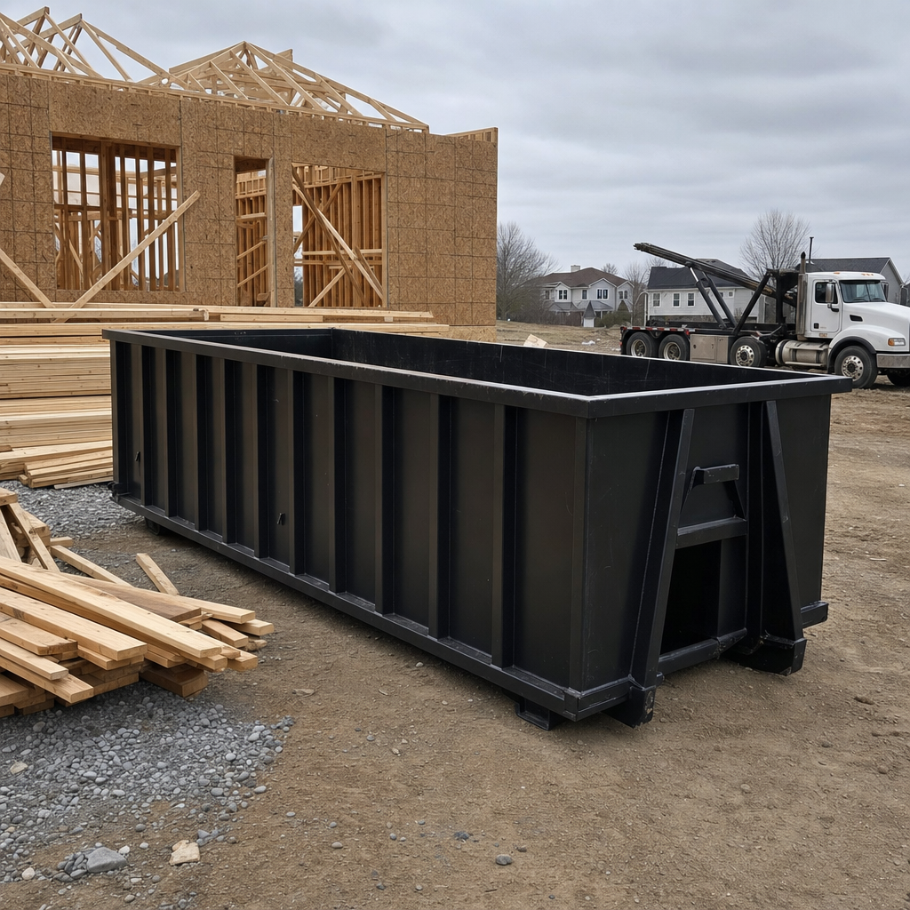 Matte-black 40-yard roll-off dumpster staged on a framed-out residential construction site in Tamarac, framing lumber stacked nearby, hooklift delivery truck visible in the background under bright Colorado daylight