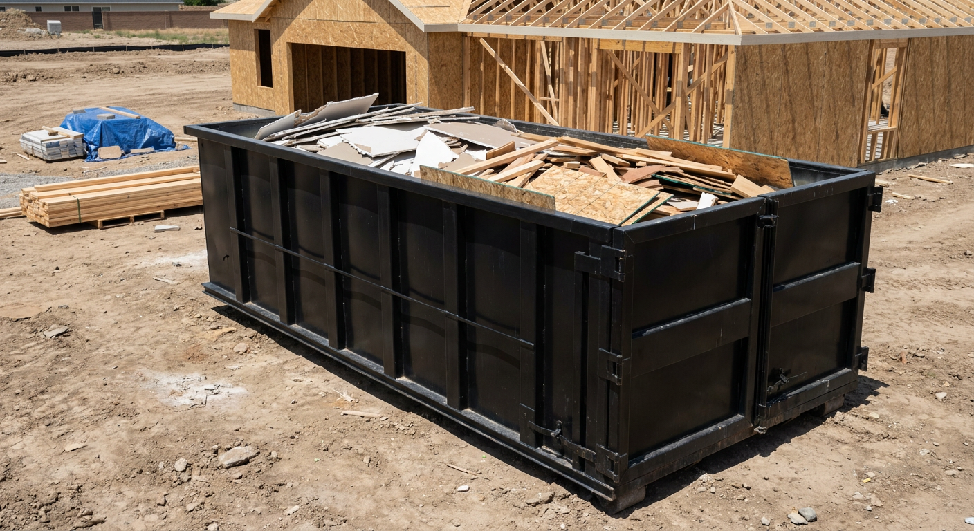 Matte-black 30-yard roll-off construction dumpster sitting directly on the compacted-dirt site of a framed single-family home build in Tamarac, drywall and lumber scrap loaded inside.