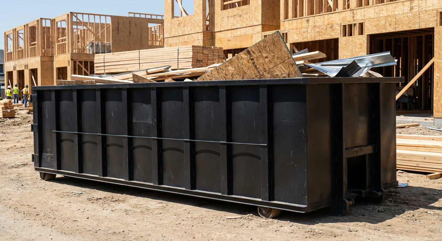 Matte-black 40-yard roll-off construction dumpster being lowered from a white-cab hooklift delivery truck onto the compacted-dirt jobsite at a commercial build site in Tamarac