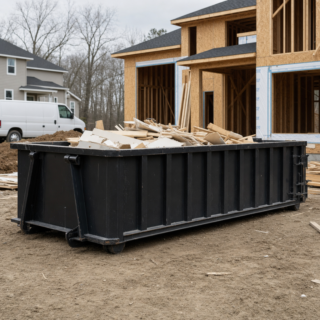 Worker in a yellow high-visibility vest tossing framing lumber and broken drywall into a matte-black 30-yard construction roll-off dumpster on an active build site in Tamarac, bright daylight