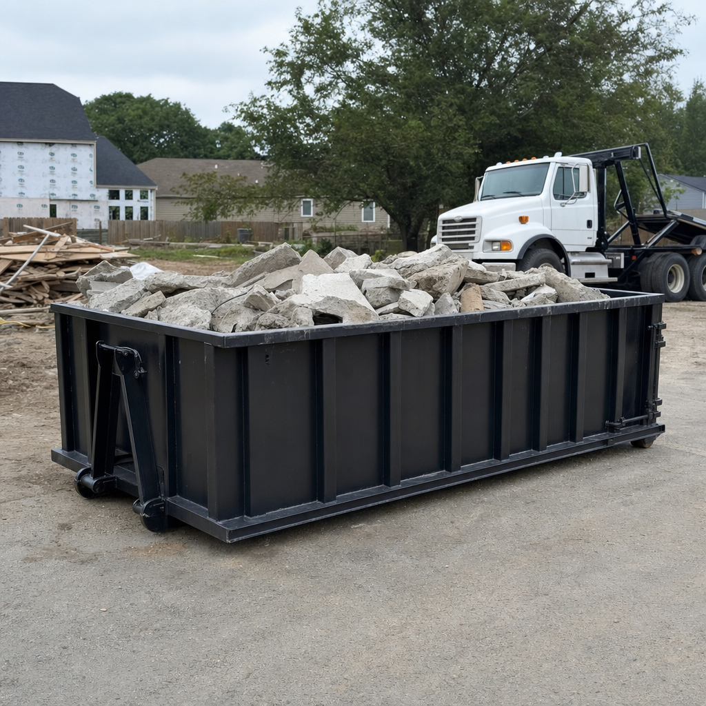Low-profile matte-black lowboy roll-off dumpster loaded with broken concrete slab and rebar at a foundation tear-out in Tamarac, skid steer parked beside it, sunny Colorado morning