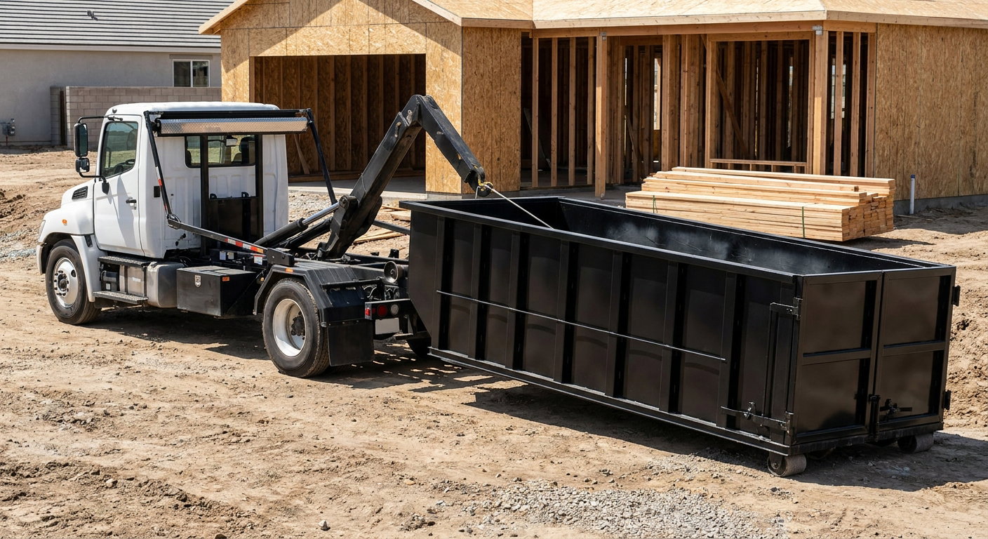 Black roll-off dumpster being lowered from a hooklift truck onto a residential concrete driveway, mid-morning daylight, documentary perspective