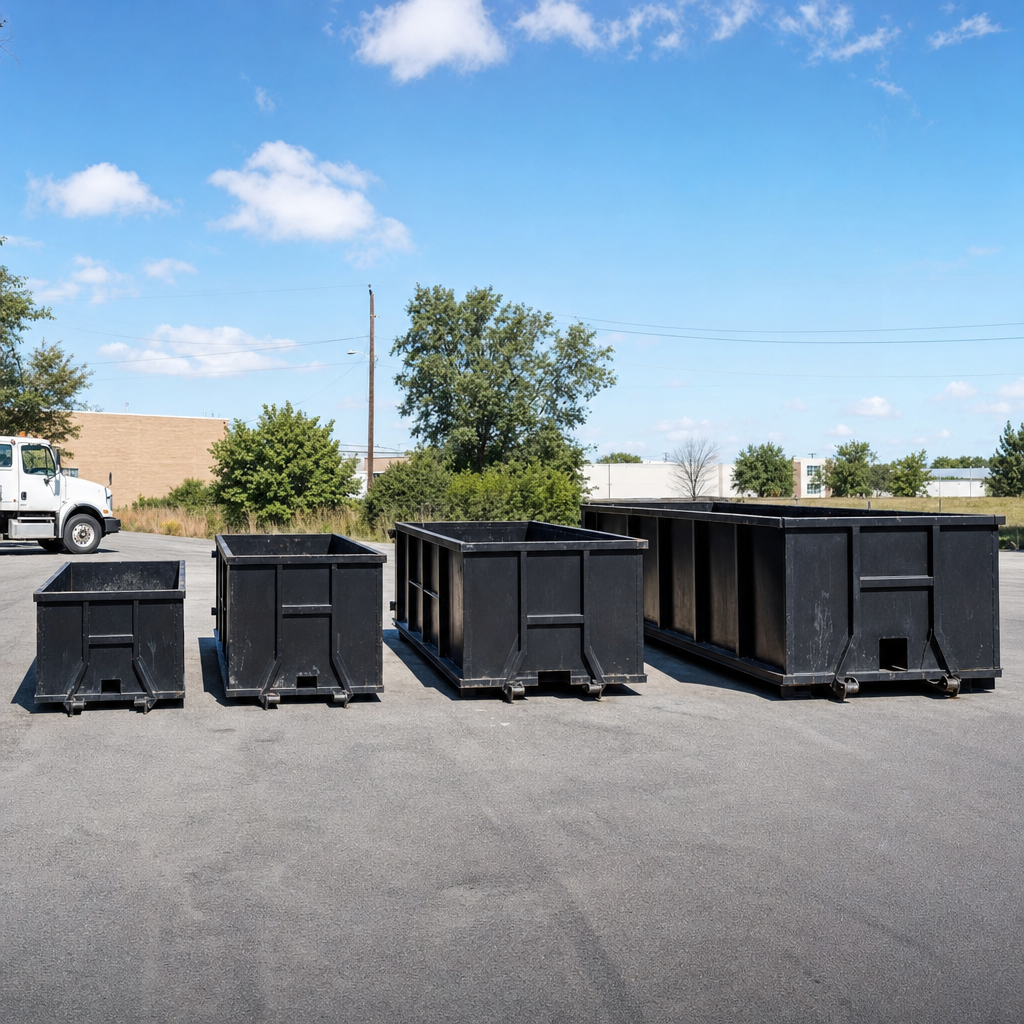 Four matte black roll-off dumpsters in 10, 20, 30, and 40 yard sizes lined up on a clean asphalt lot, documentary 35mm side-on perspective, bright natural daylight