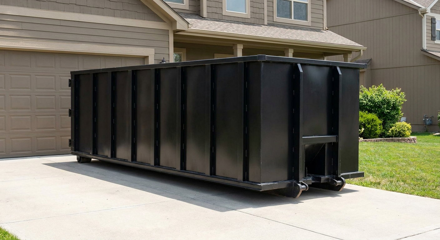 Matte-black residential roll-off dumpster sitting directly on a suburban Tamarac concrete driveway, garage door closed, single-family home in background, bright morning daylight.