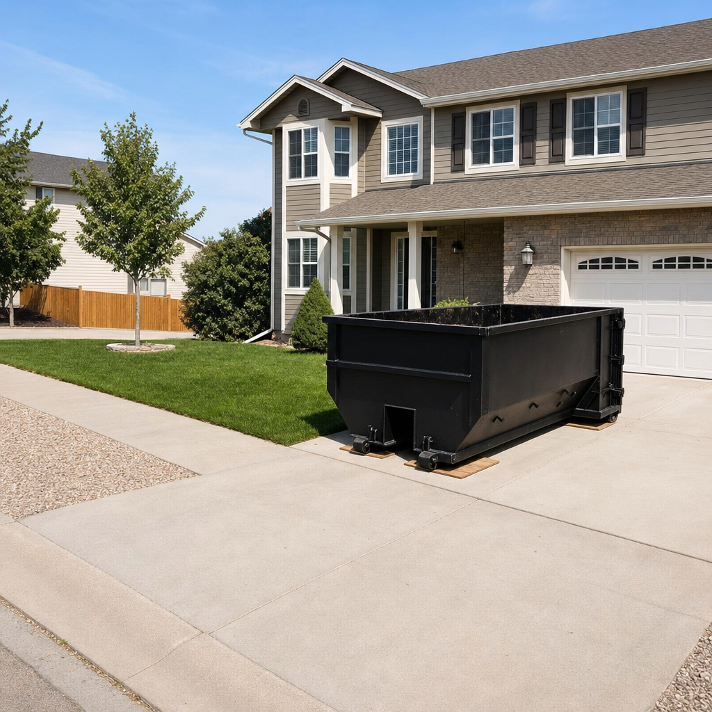 10-yard matte-black residential dumpster placed directly on a narrow Tamarac concrete driveway, room remains for a parked sedan beside it, mid-morning natural light