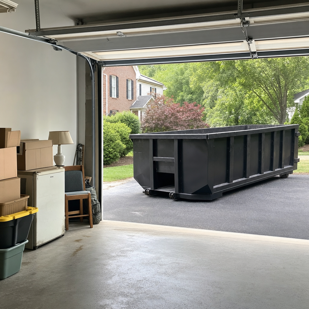 Open garage interior in a Tamarac home mid-cleanout — boxed items, an old appliance, and stacked yard tools queued near the driveway for a matte-black roll-off dumpster, organized and calm