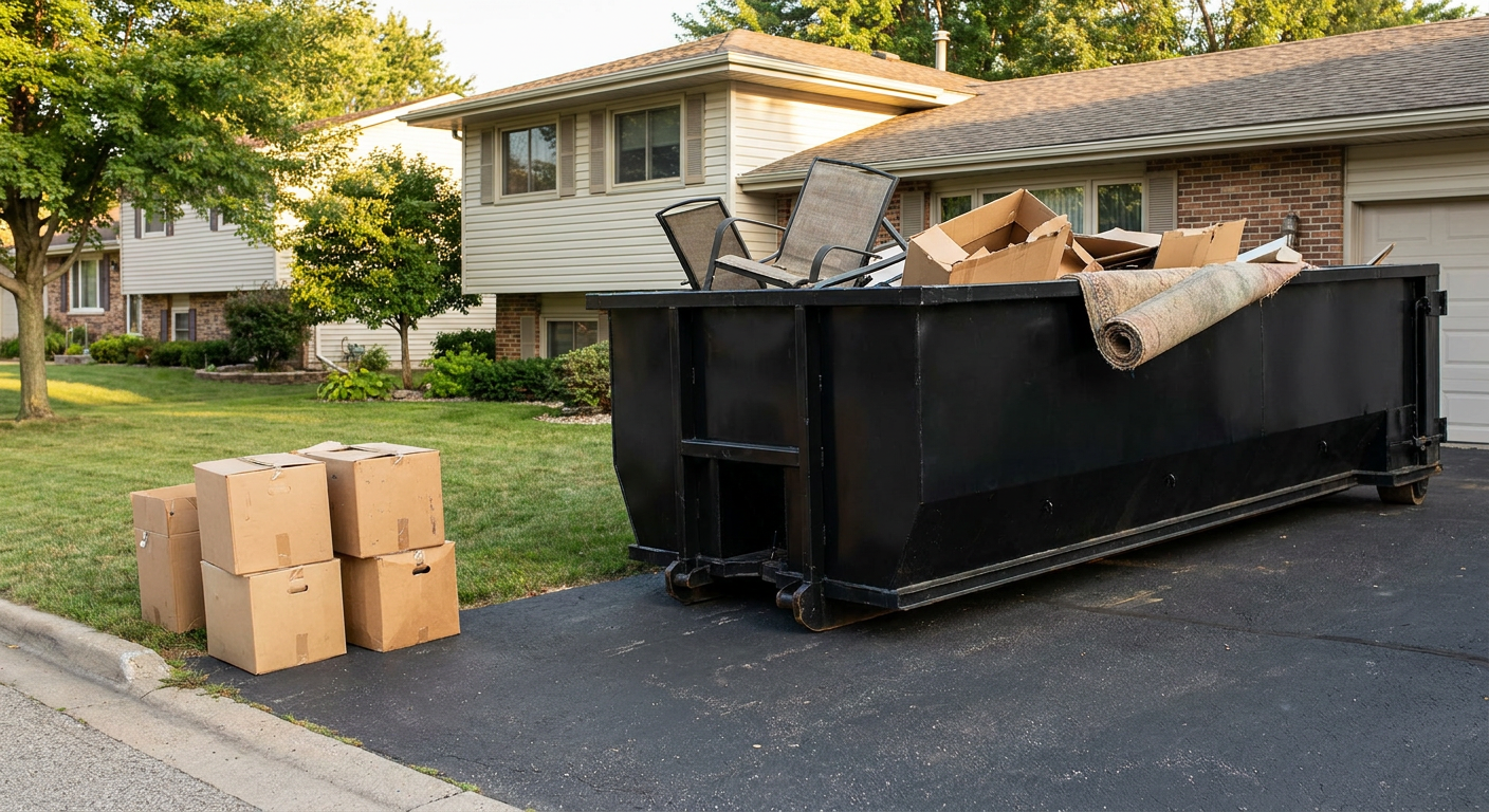 Front-yard view of a Tamarac split-level home with a 20-yard matte-black roll-off dumpster sitting directly on the asphalt driveway, a few clearly labeled donation boxes staged at the curb, calm sunny afternoon.