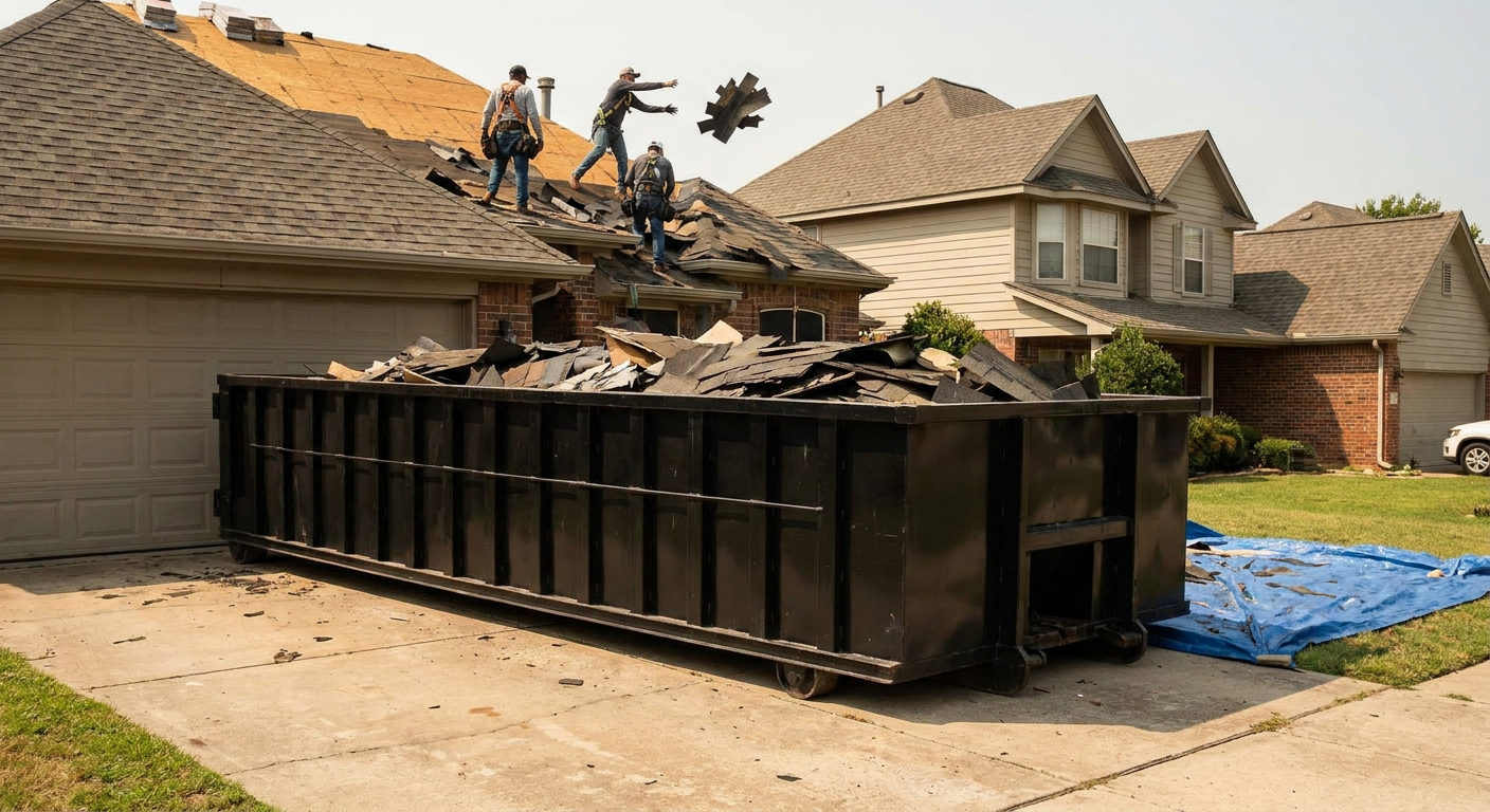Matte-black roofing roll-off dumpster placed directly on a Tamarac residential concrete driveway, a tear-off crew on a two-story asphalt-shingle roof tossing shingle bundles into the low-walled container, bright daylight, documentary 35mm perspective.