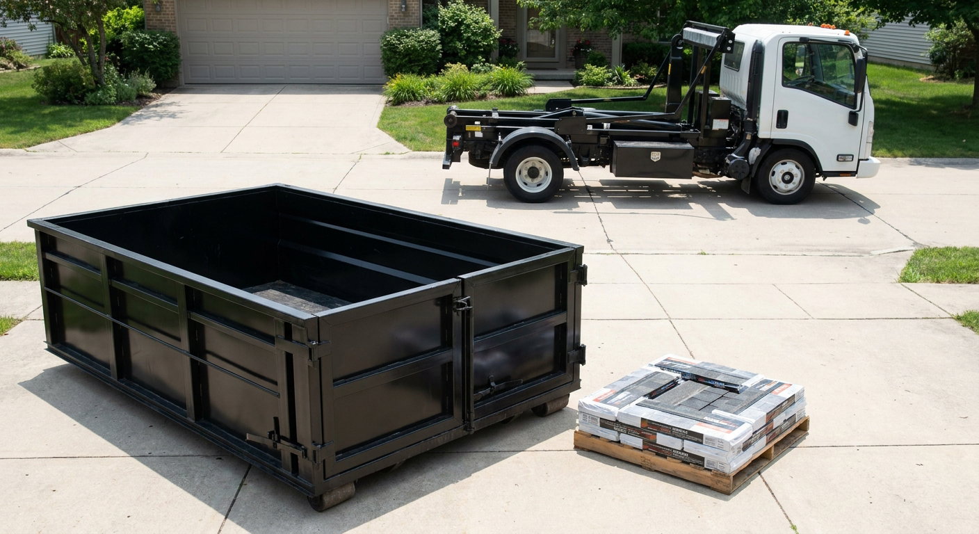 Matte-black 15-yard roofing roll-off dumpster with reinforced low side walls sitting directly on a Tamarac residential concrete driveway, three-tab asphalt shingle bundles stacked nearby, an unmarked white hauler truck partially visible at the edge of the frame.