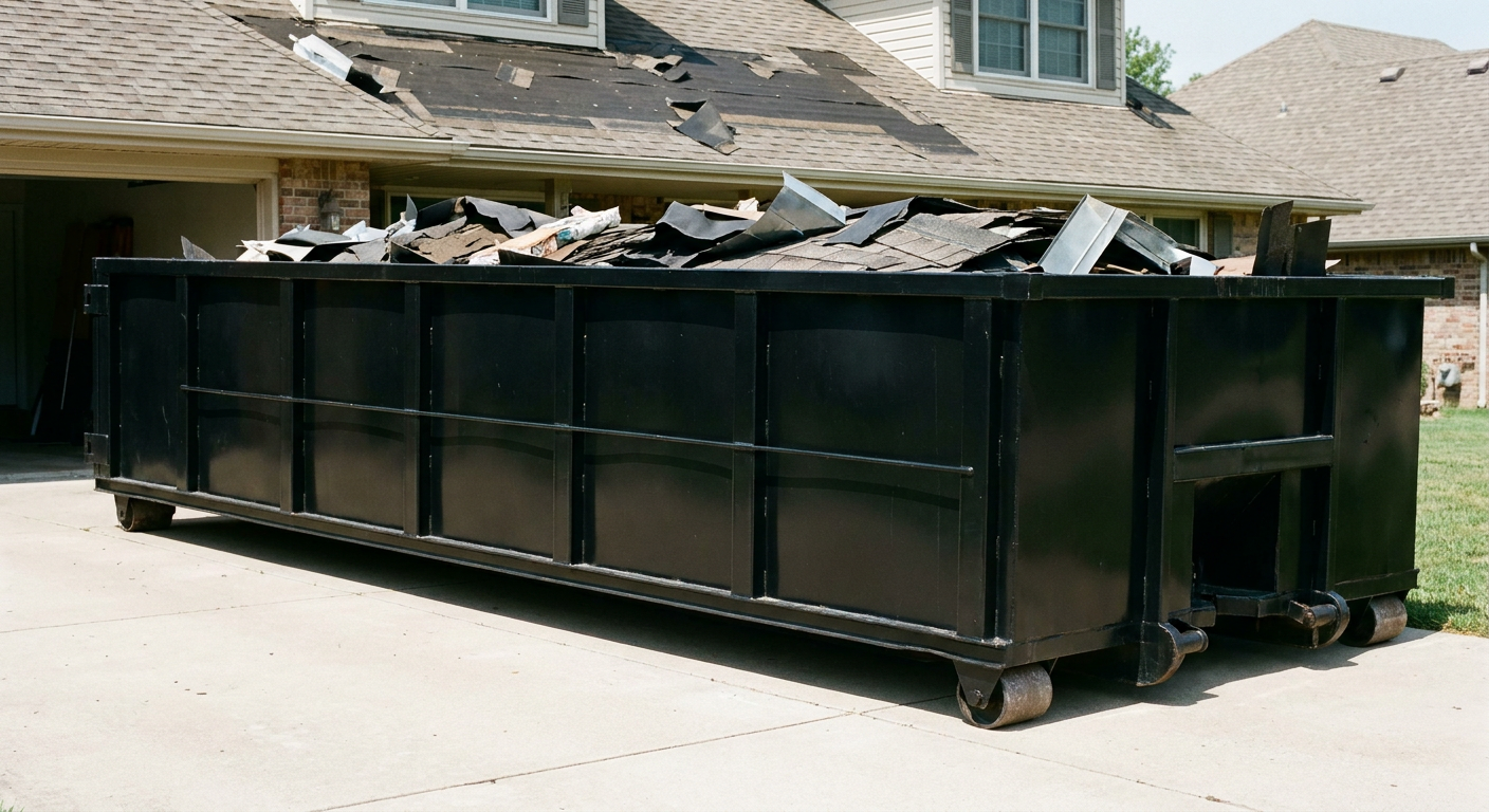 Matte-black 20-yard roofing roll-off dumpster with steel ribbed sides and swinging rear door, sitting directly on the concrete driveway of a two-story Tamarac home, asphalt shingle debris being loaded over the low wall, clean documentary lighting.