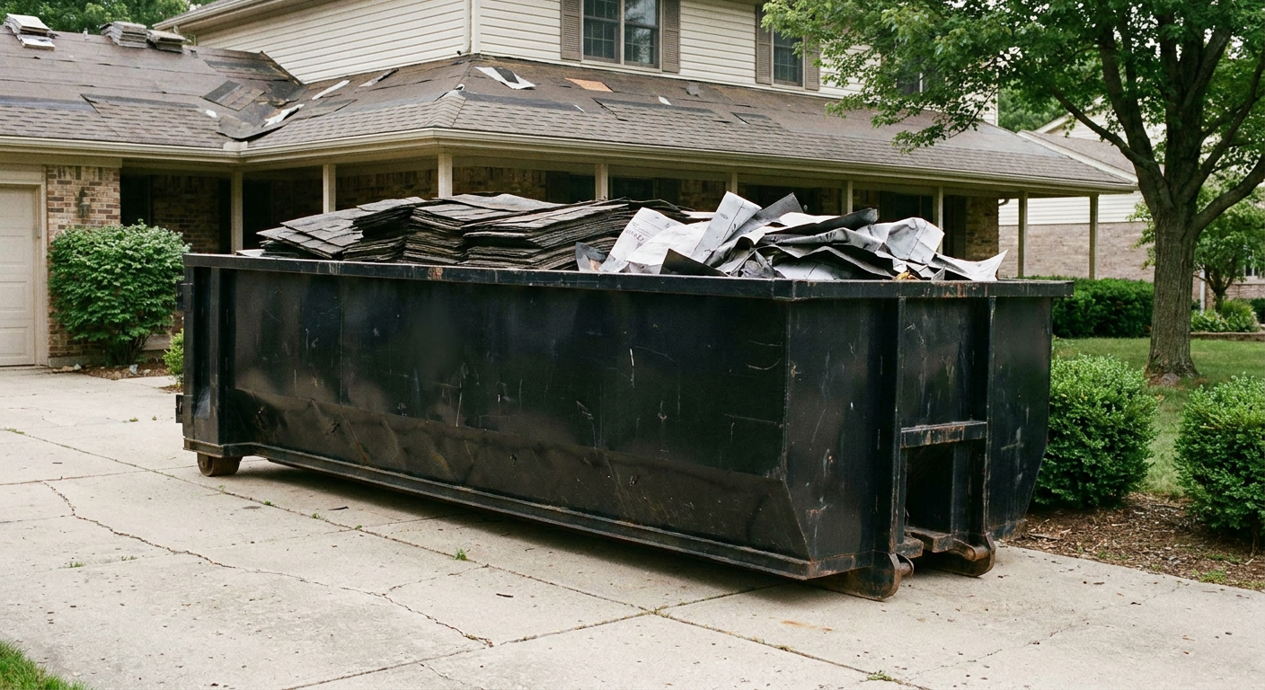 Matte-black 30-yard roofing roll-off dumpster sitting directly on a Tamarac concrete driveway, taller ribbed steel side panels, mixed tear-off debris of asphalt shingles and underlayment inside, professional documentary daylight.