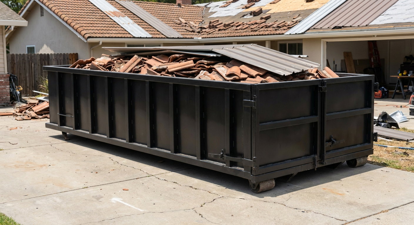 Matte-black low-wall heavy-debris roofing roll-off dumpster sitting directly on a Tamarac concrete driveway, broken concrete clay roof tiles and metal panel sections loaded inside, reinforced ribbed steel side walls visible, bright outdoor daylight.