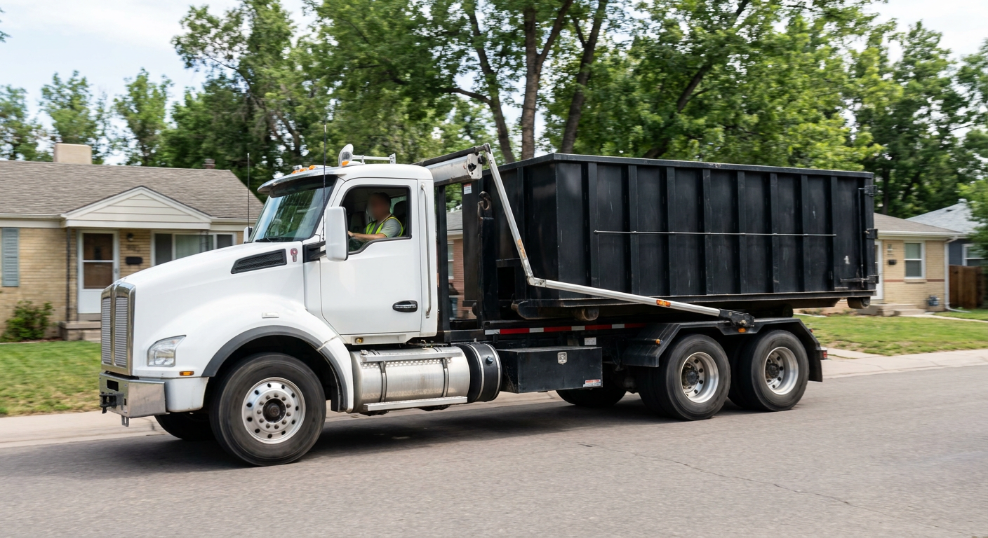 A wide documentary shot of a matte-black roll-off delivery truck pulling onto a quiet Tamarac residential street at mid-morning, with neighborhood rooftops and tree-lined blocks visible behind, showing the metro coverage footprint.