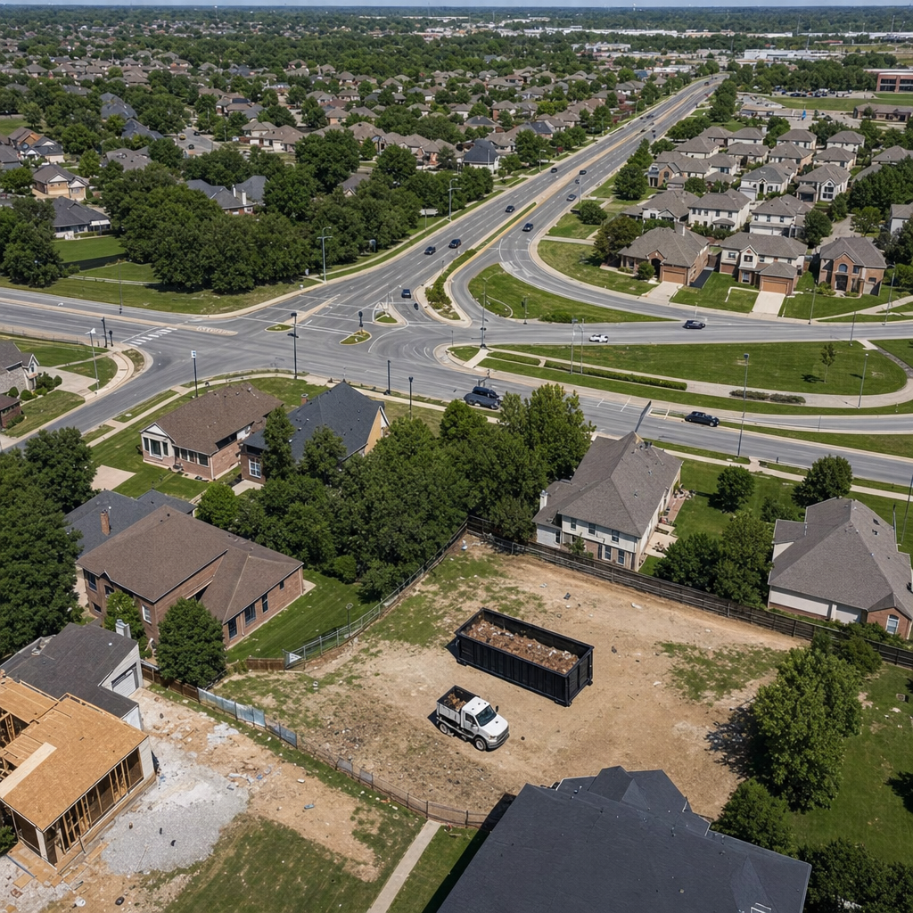 An overhead documentary view of the Tamarac metro area at midday, showing the spread of neighborhoods, arterial roads, and the dispatch radius from a central yard — clean daylight, organized geographic layout.