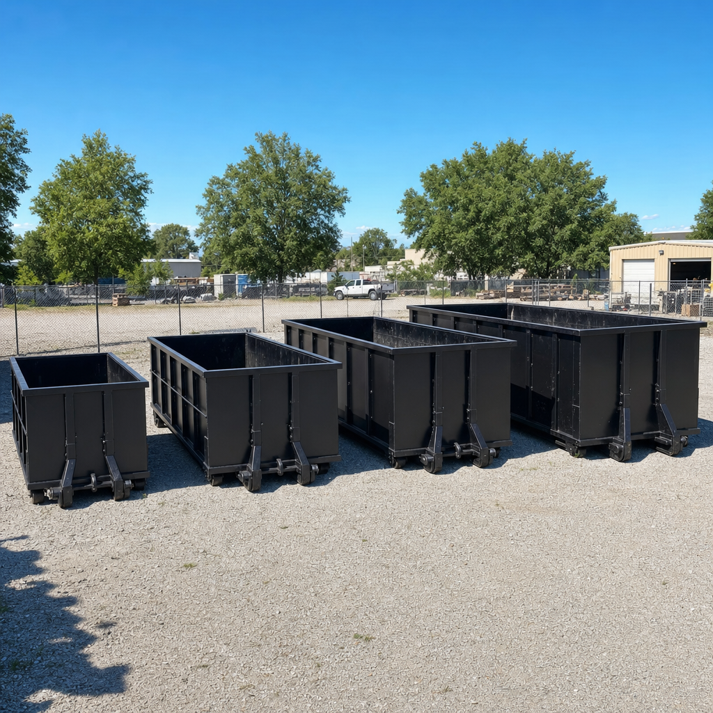 A clean lineup of matte-black roll-off dumpsters in 10, 20, 30, and 40-yard sizes staged on a sunlit gravel yard in Tamarac, showing the size progression from compact to commercial-scale containers.