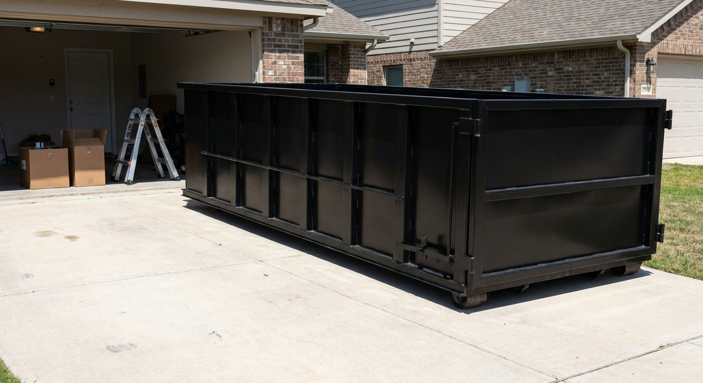 A matte-black 10-yard roll-off dumpster sitting directly on a residential Tamarac concrete driveway, mid-day sunlight, clean and ready for a garage cleanout.