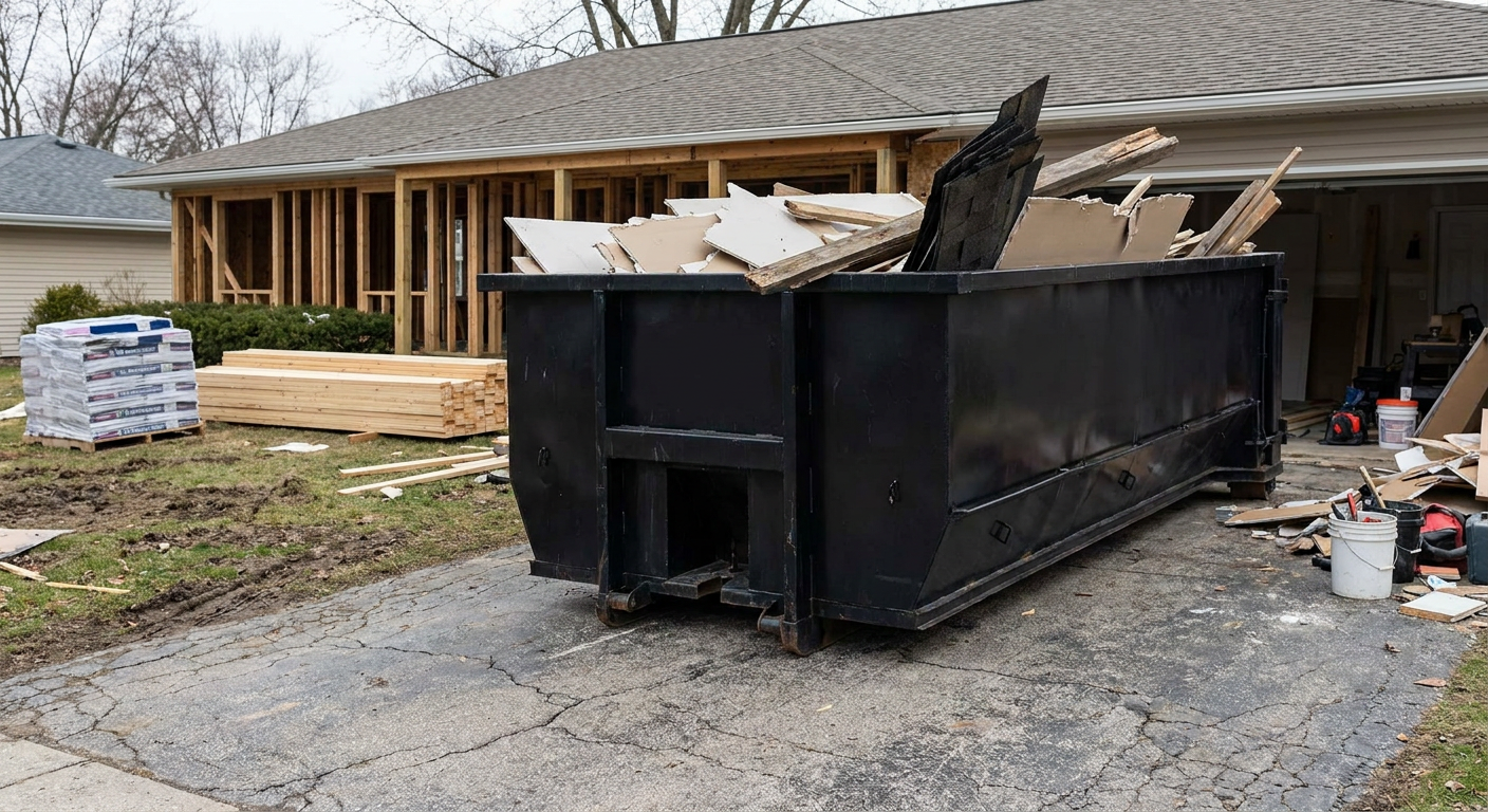 A matte-black 20-yard roll-off dumpster placed alongside a mid-renovation Tamarac home directly on the asphalt driveway, with framing materials and torn-off shingles staged neatly nearby.