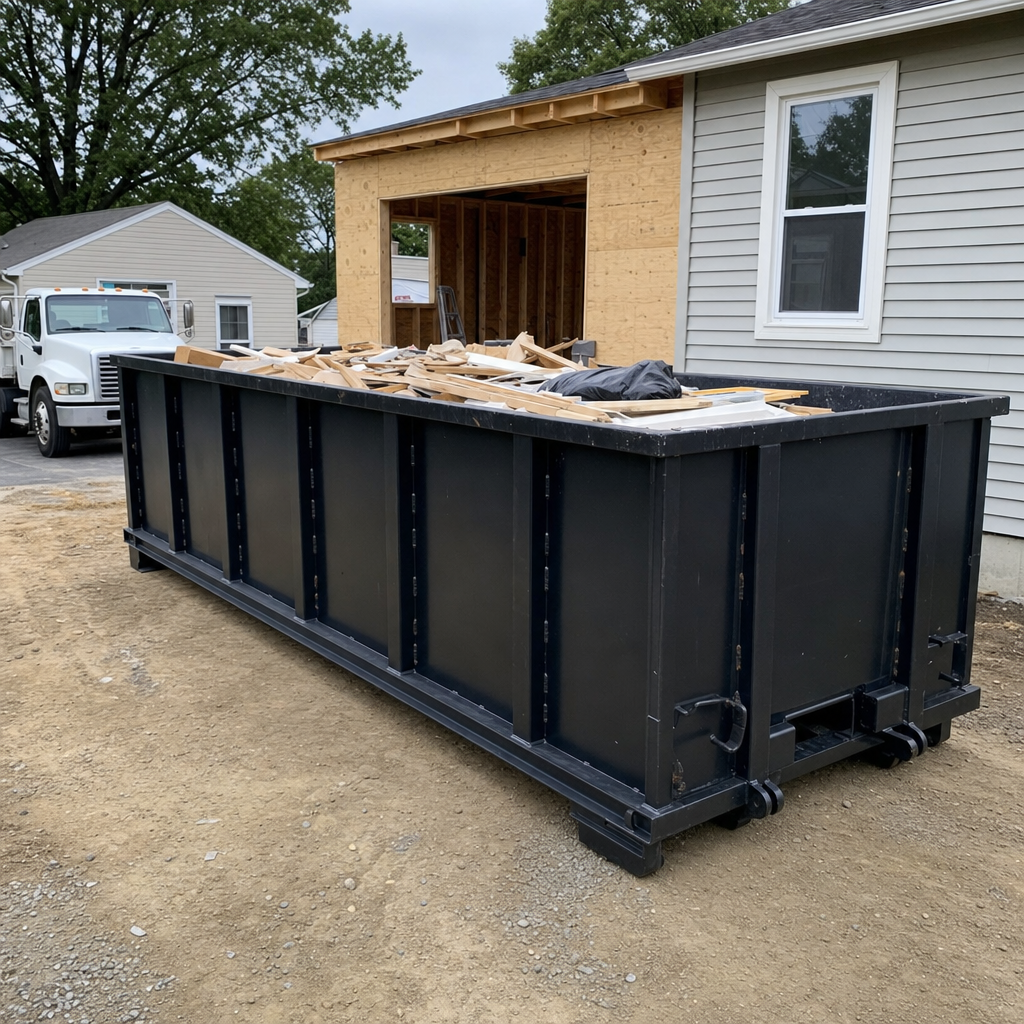 A matte-black 30-yard roll-off dumpster positioned at a Tamarac residential addition jobsite, with framing lumber and drywall scraps loaded through the open swinging rear doors.