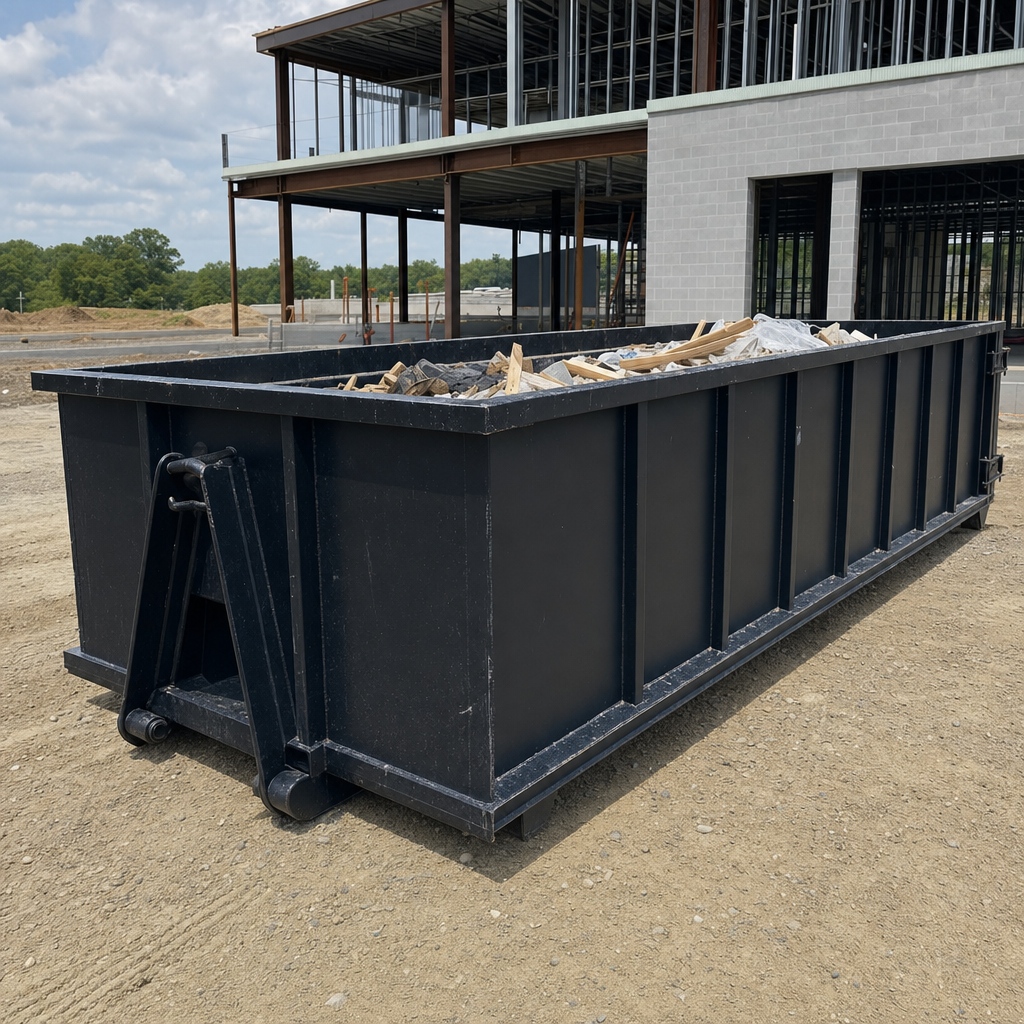 A matte-black 40-yard roll-off dumpster staged on a large Tamarac commercial construction lot, with a hooklift delivery truck parked alongside under bright midday sky.