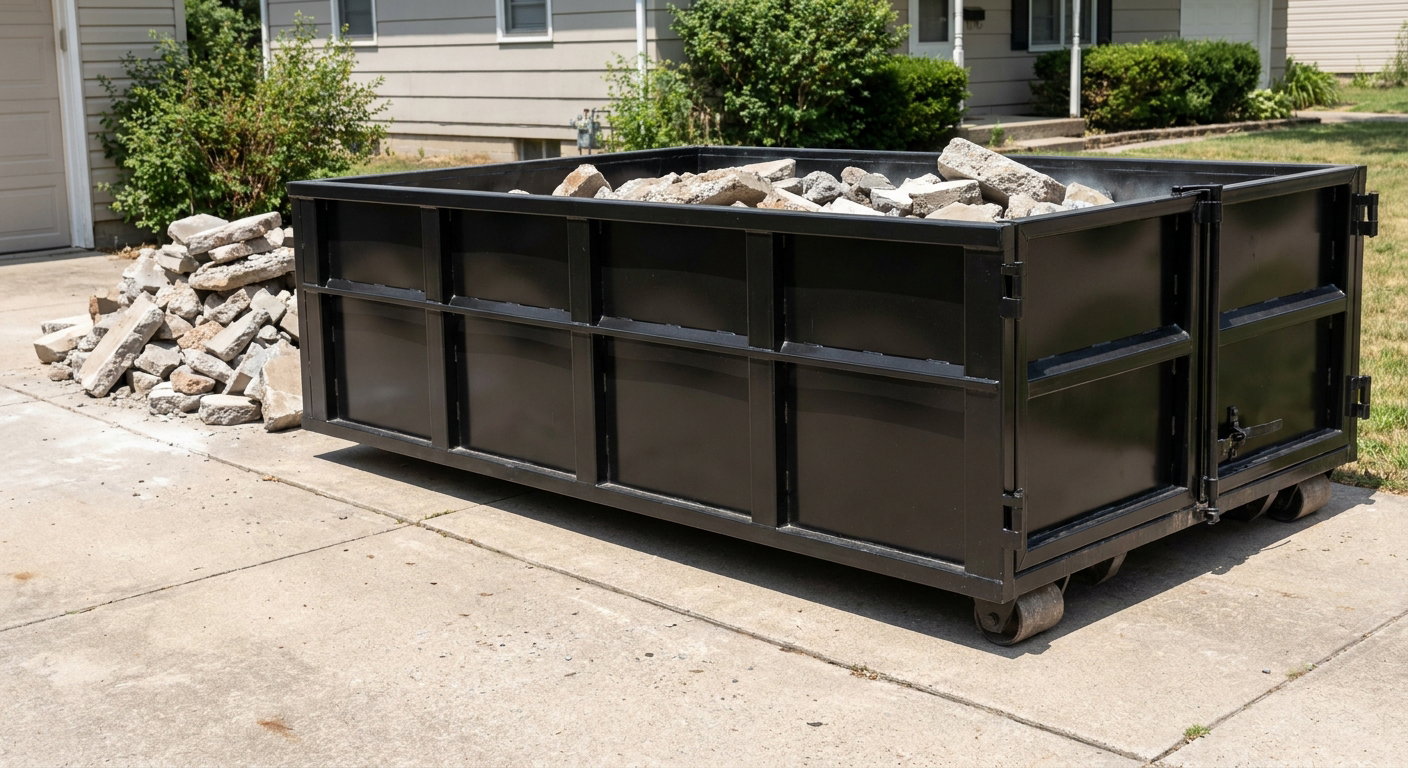 A matte-black low-side heavy-debris roll-off dumpster placed directly on a Tamarac concrete driveway, with broken concrete chunks neatly stacked beside it under clean daylight.
