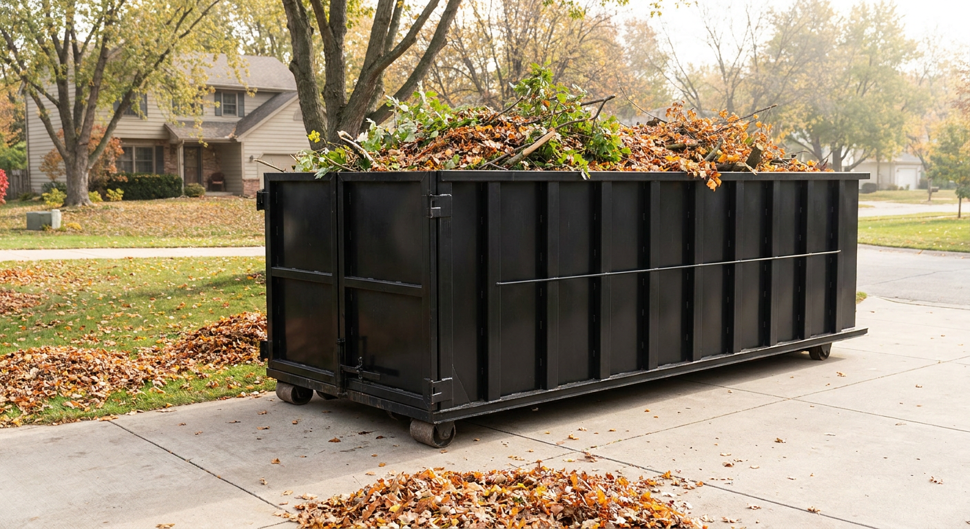 A matte-black 20-yard roll-off dumpster filled with fresh-cut branches and leaf piles sits directly on a wide residential concrete driveway, mature trees and a clean front-range neighborhood in soft midday light.